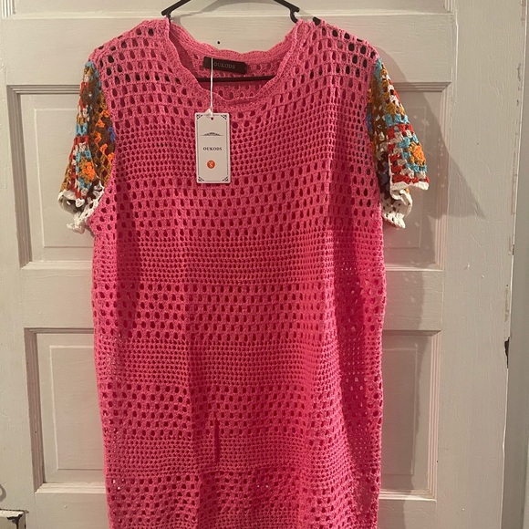 OUKODS Pink Crochet Top with Multicolor Sleeves - Picture 2 of 4